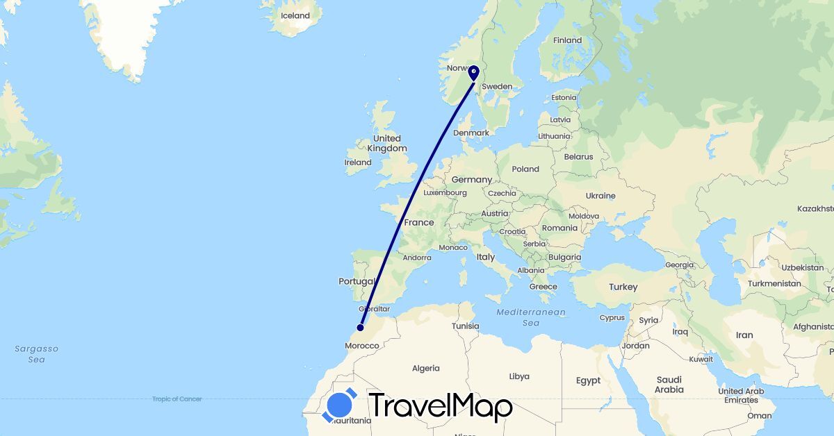 TravelMap itinerary: driving in Morocco, Norway (Africa, Europe)